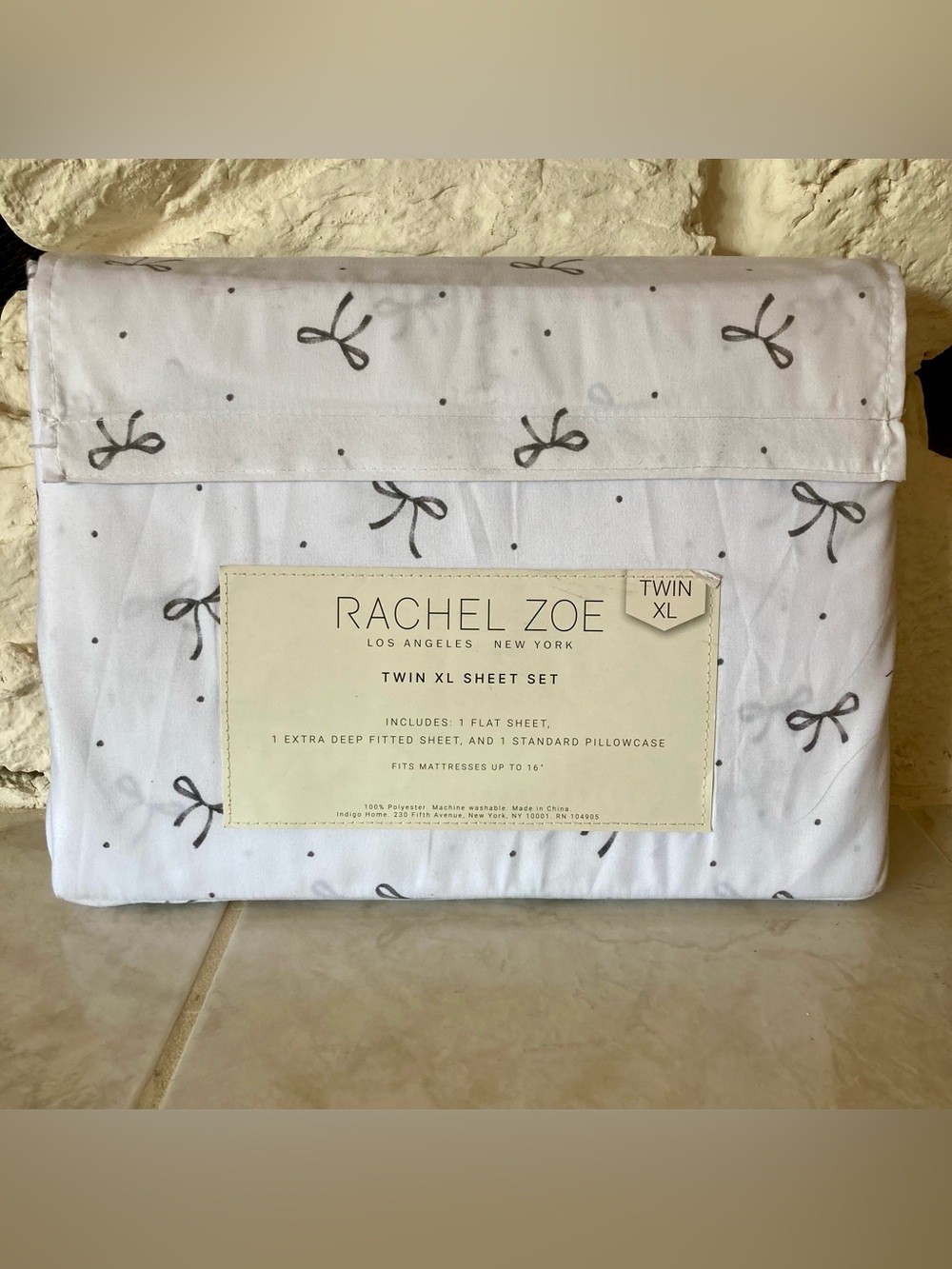 DORM READY! NEW Rachel Zoe Twin XL Sheet Set in White with Black Bow/Dot Print